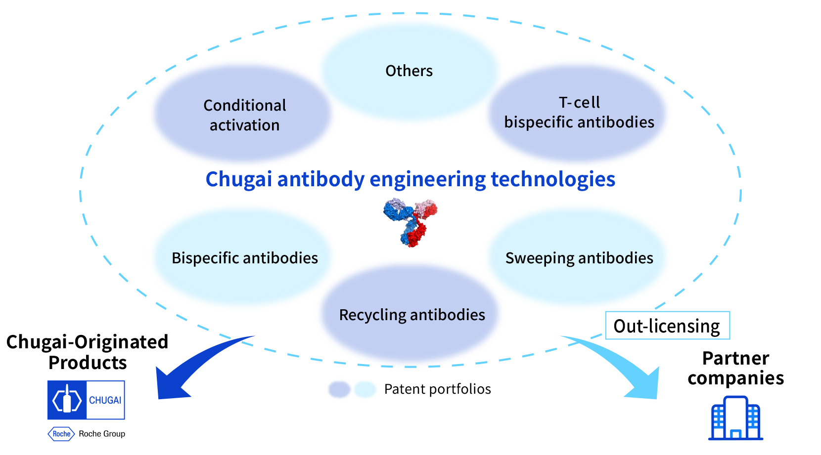 Diagram showing how Chugai&rsquo;s antibody engineering technologies, including Recycling Antibody, Sweeping Antibody, and bispecific antibody technologies, are utilized not only in proprietary products but also through technology licensing to partner companies.