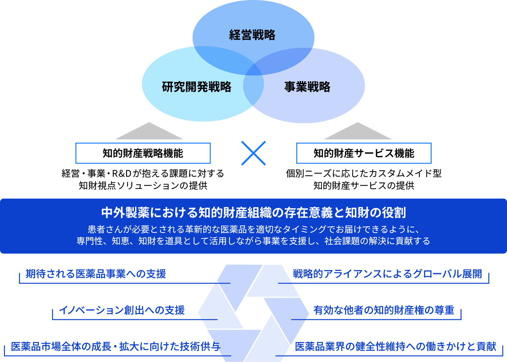 知的財産戦略機能：経営・事業・R&Dが抱える課題に対する知財視点ソリューションの提供×知的財産サービス機能：個別ニーズに応じたカスタムメイド型知的財産サービスの提供。中外製薬における知的財産組織の存在意義と知財の役割：患者さんが必要とされる革新的な医薬品を適切なタイミングでお届けできるように、専門性、知恵、知財を道具として活用しながら事業を支援し、社会課題の解決に貢献する。・期待される医薬品事業への支援・イノベーション創出への支援・医薬品市場全体の成長・拡大に向けた技術供与・戦略的アライアンスによるグローバル展開・有効な他者保有知財への尊重・医薬品業界の健全性維持への働きかけと貢献