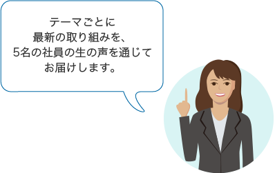 テーマごとに最新の取り組みを、5名の社員の生の声を通じてお届けします。