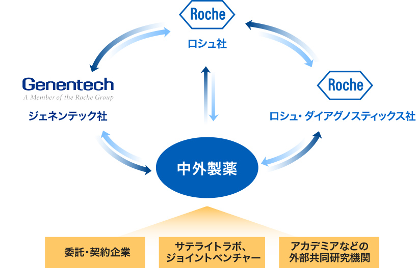 中外製薬とロシュグループおよび外部ネットワーク(委託・契約企業、サテライトラボ、ジョイントベンチャー、アカデミアなどの外部共同研究機関)の関係を示した図。
