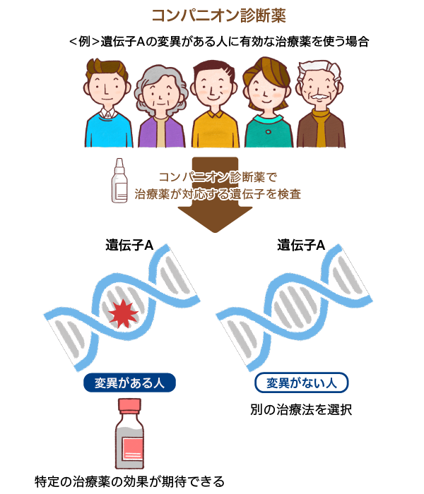 コンパニオン診断薬（例：遺伝子Aの変異がある人に有効な治療薬を使う場合）の解説図