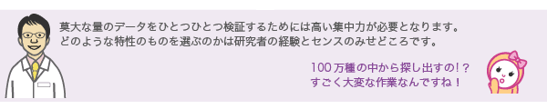 莫大な量のデータをひとつひとつ検証するためには高い集中力が必要となります。
                            どのような特性のものを選ぶのかは研究者の経験とセンスのみせどころです。

                            100万種の中から探し出すの!？
                            すごく大変な作業なんですね！　