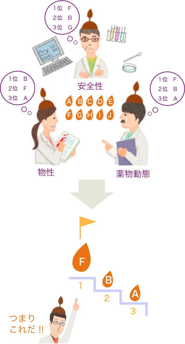 安全性、物性、薬物動態などを検証して順位をつけます