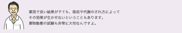 薬効で良い結果がでても、吸収や代謝のされ方によって
              その効果が生かせないということもあります。
              薬物動態の試験も非常に大切なんですよ。