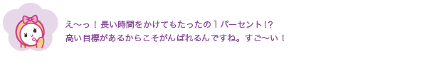 え〜っ！長い時間をかけてもたったの１パーセント！？
              高い目標があるからこそがんばれるんですね。すご〜い！