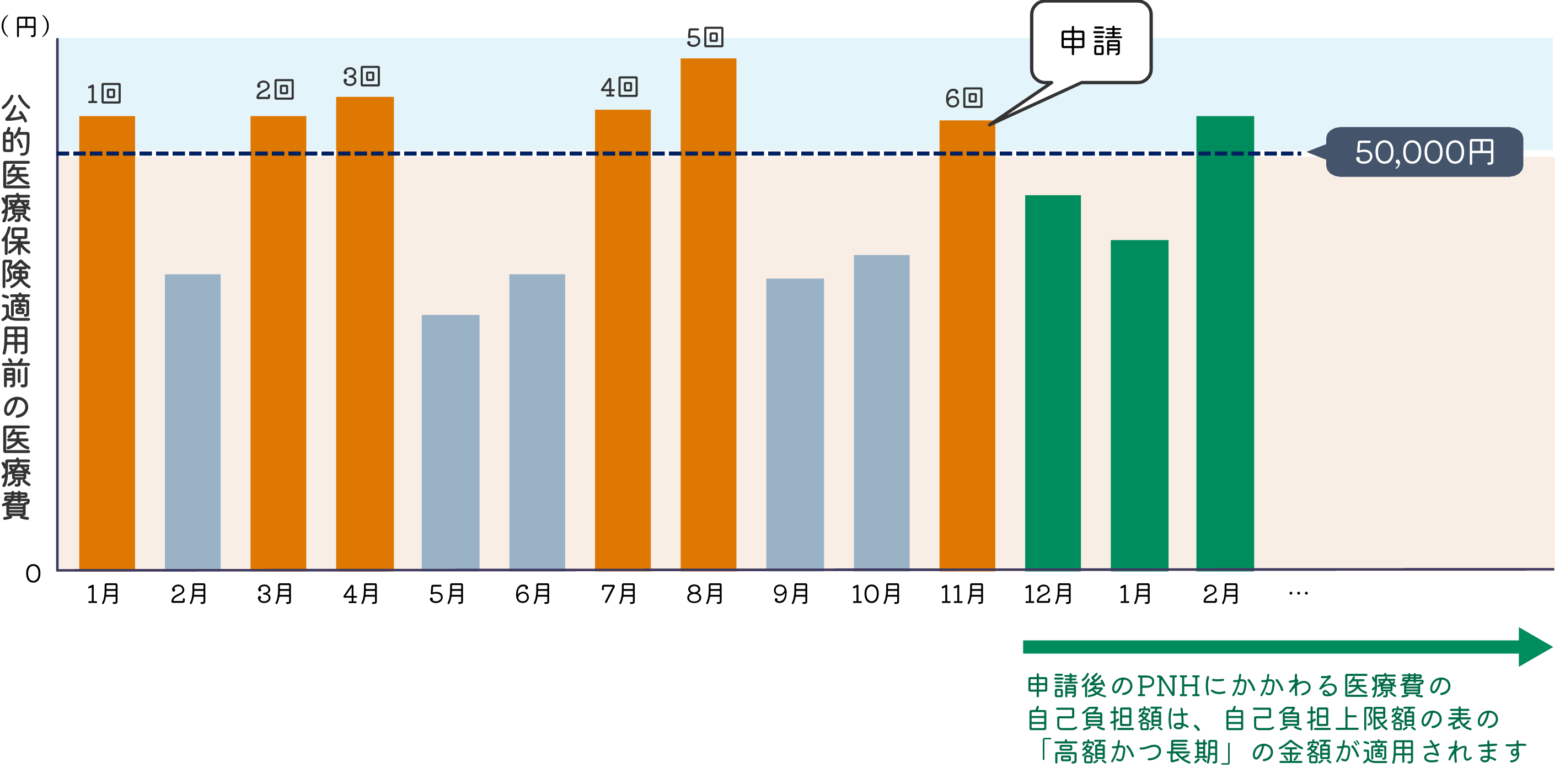 PNHの治療に難病医療費助成制度による助成を受けている方のひと月の公的医療保険適用前の医療費が支給認定申請月以前の12ヵ月以内に6回以上50,000円以上になった場合