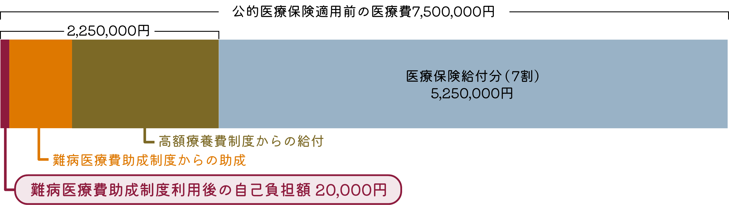 医療費の総額7,500,000円の3割2,250,000円のうち医療費助成が2,230,000円、難病医療費助成制度利用後の自己負担額20,000円